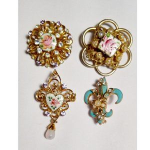 Vintage 60's Floral Guilloche, CORO Enamel Fleur De Lis & Heart Brooch LOT 4